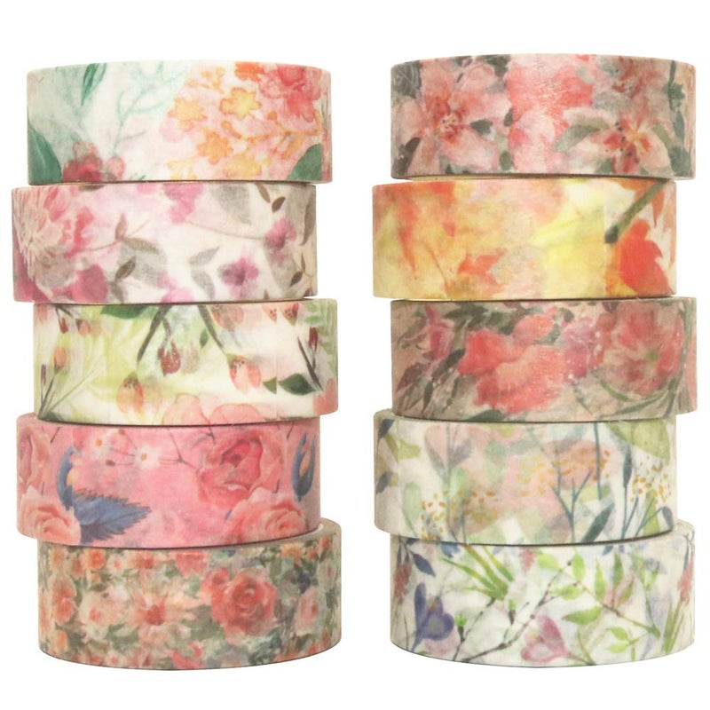 YUBBAEX 10 Rolls Spring Flowers Washi Tape Set Masking Decorative Tapes (Warm Tone) - Image 1